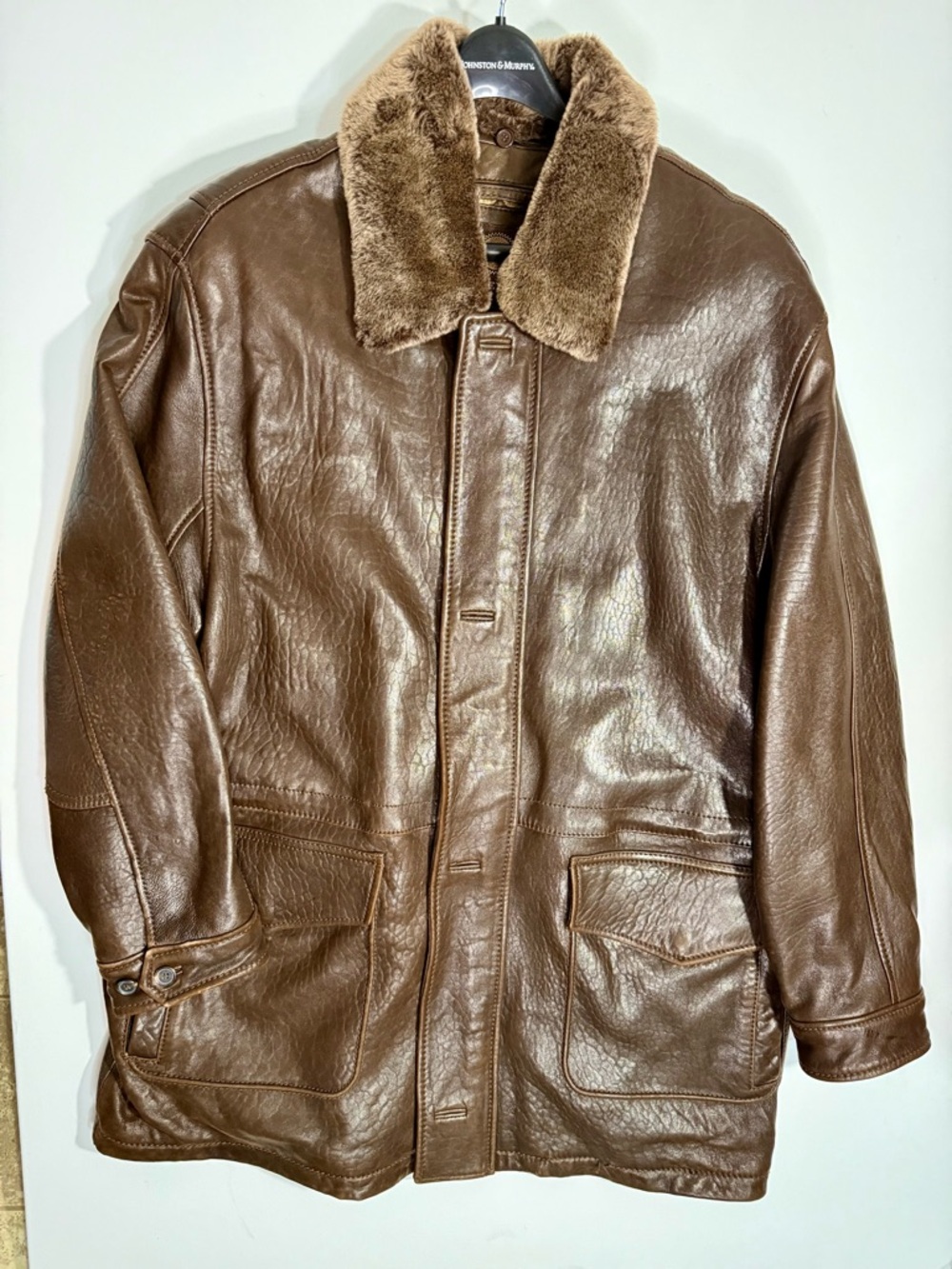 Worthington Brown Leather Peacoat with Faux Fur Collar